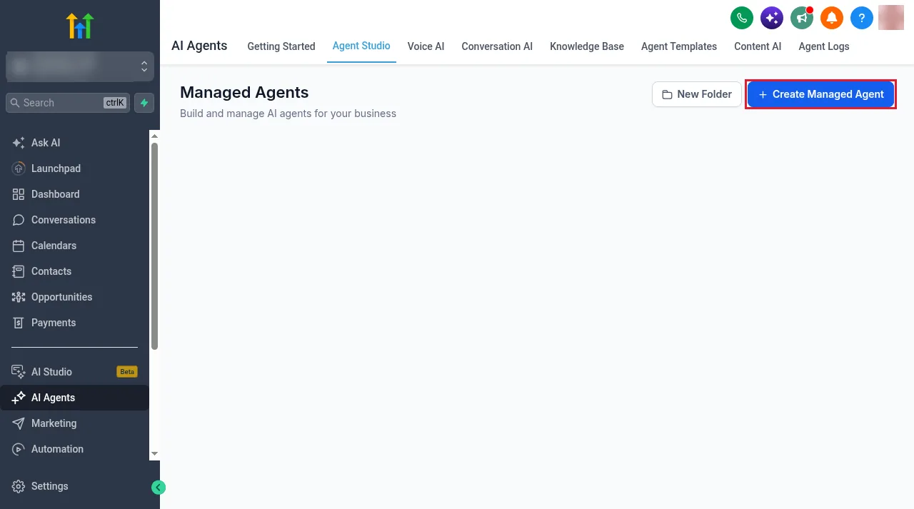 GoHighLevel Agent Studio Managed Agents page with New Folder and Create Managed Agent buttons
