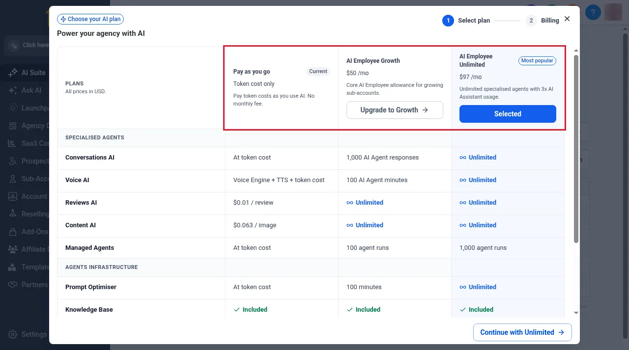 GoHighLevel Choose your AI plan dialog comparing Pay as you go, AI Employee Growth at $50 a month and AI Employee Unlimited at $97 a month marked Most popular