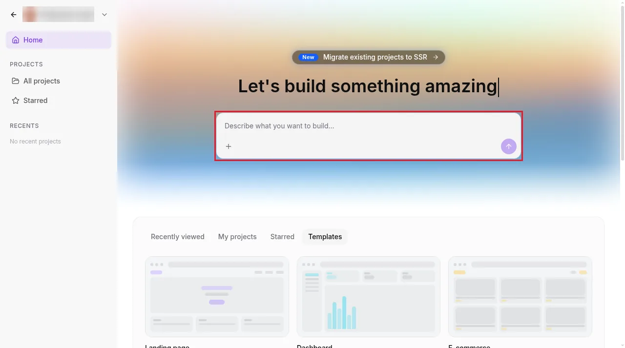 GoHighLevel AI Studio home page with a Describe what you want to build prompt box, a Migrate existing projects to SSR notice and template cards