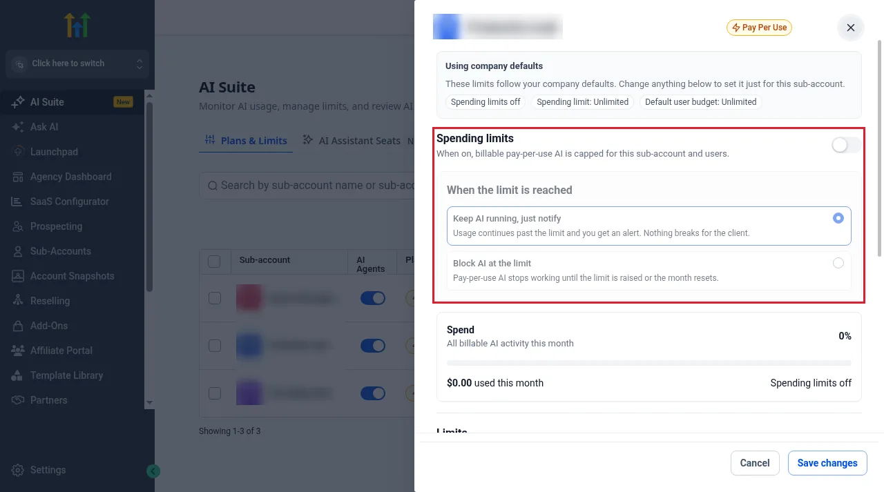 GoHighLevel AI Suite sub-account limits panel with Spending limits toggle and the options Keep AI running, just notify and Block AI at the limit