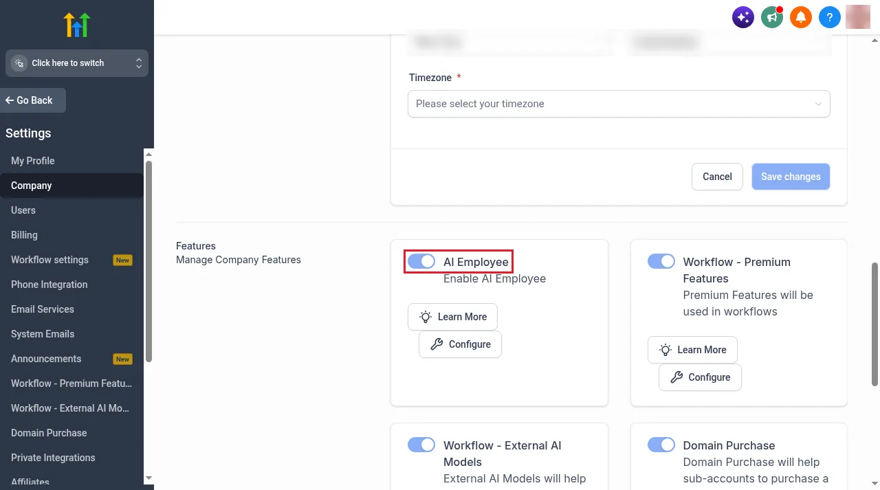 GoHighLevel agency Settings, Company page with the Features section showing the AI Employee toggle switched on and Learn More and Configure buttons