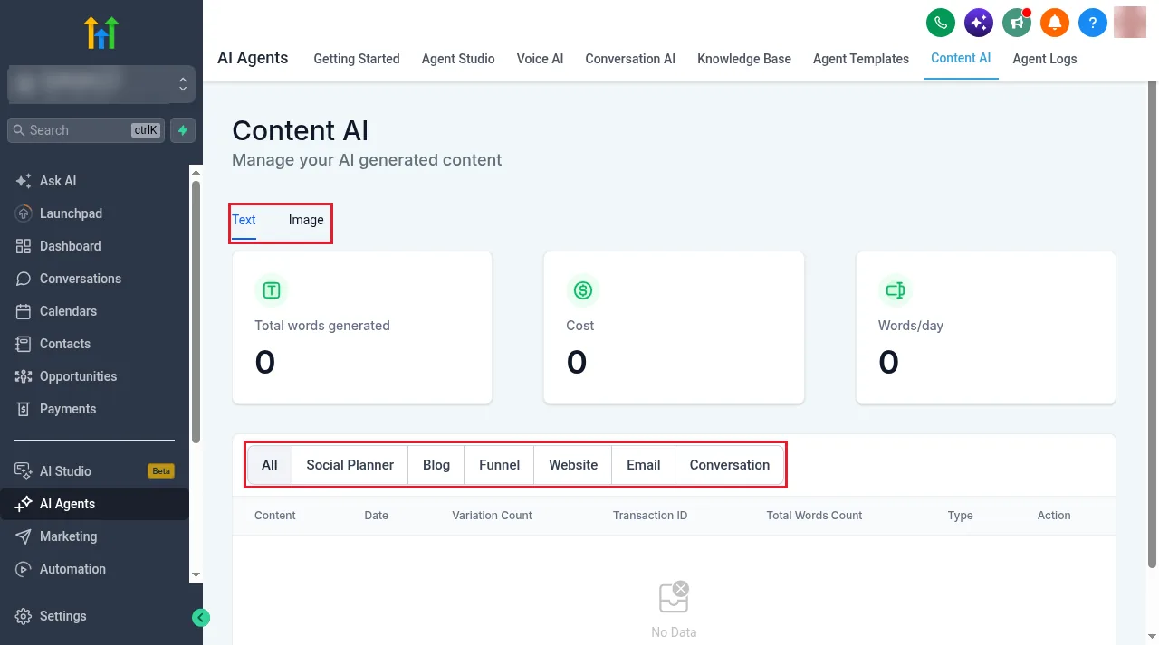 GoHighLevel Content AI page showing total words generated, cost and words per day
