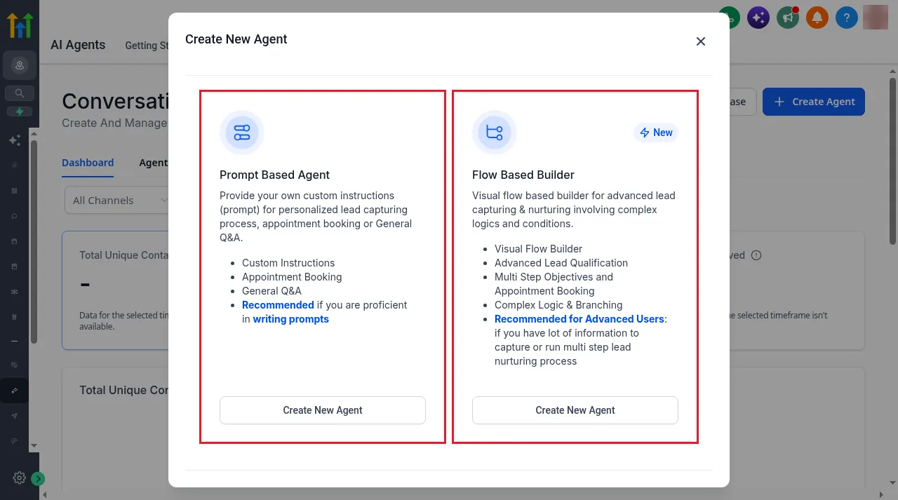 GoHighLevel Create New Agent dialog for Conversation AI with Prompt Based Agent and Flow Based Builder options