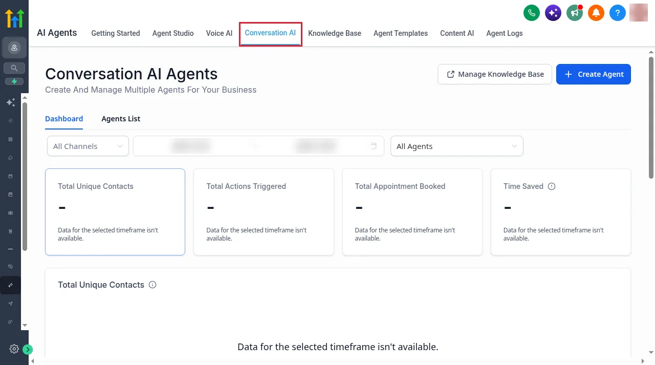GoHighLevel Conversation AI Agents dashboard showing Total Unique Contacts, Total Actions Triggered, Total Appointment Booked and Time Saved cards