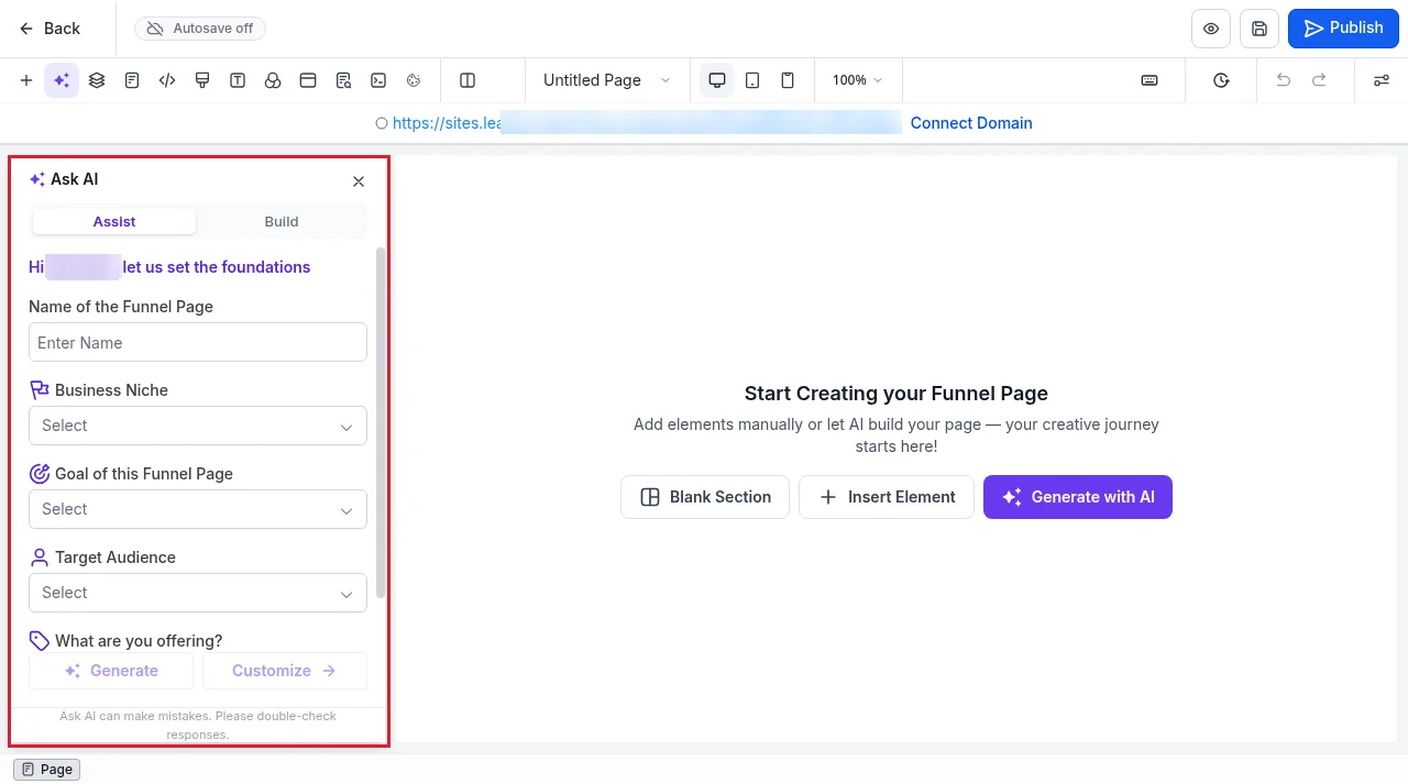 GoHighLevel funnel page builder with the Ask AI panel asking for funnel page name, business niche, goal, target audience and offer, and a Generate with AI button
