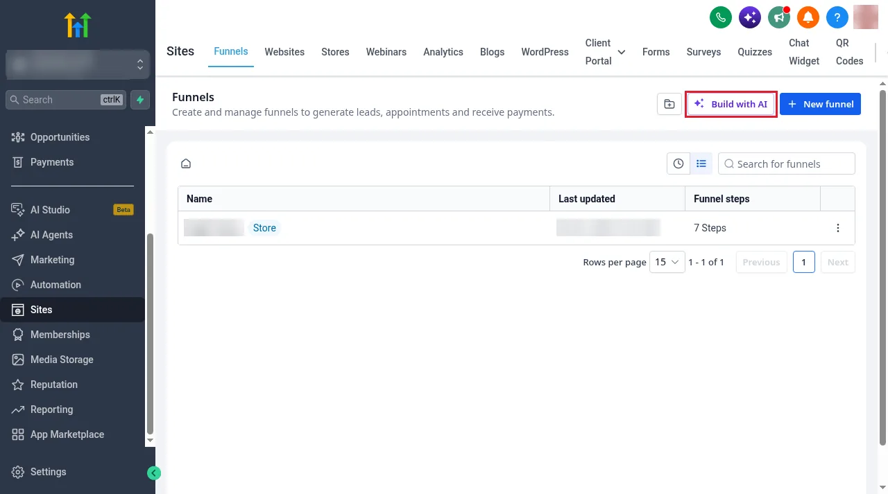GoHighLevel Sites Funnels list with the Build with AI button next to New funnel