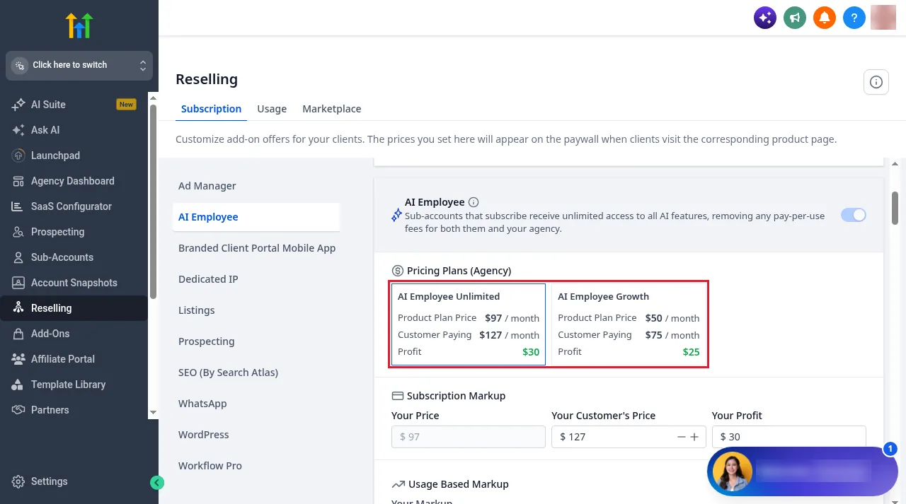 GoHighLevel agency Reselling page on the Subscription tab with AI Employee selected, showing AI Employee Unlimited at $97 cost and $127 customer price and AI Employee Growth at $50 cost and $75 customer price
