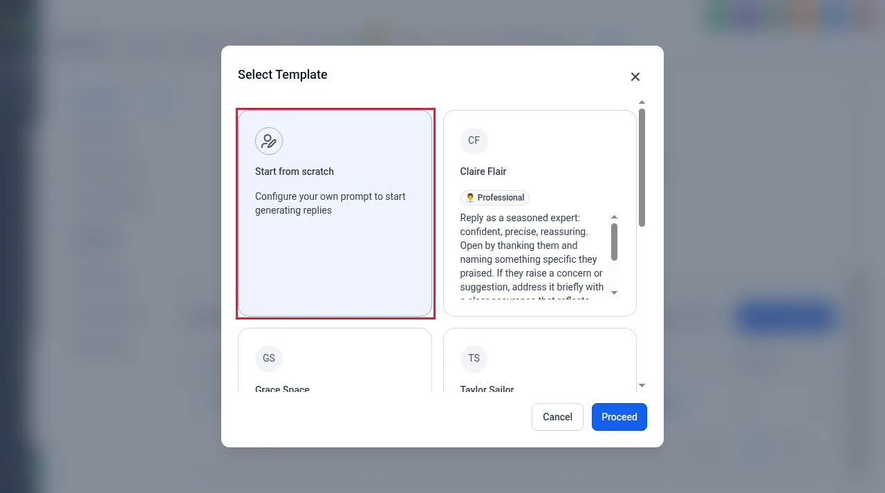 GoHighLevel Select Template dialog for Reviews AI showing Start from scratch and preset reply personas with tone descriptions
