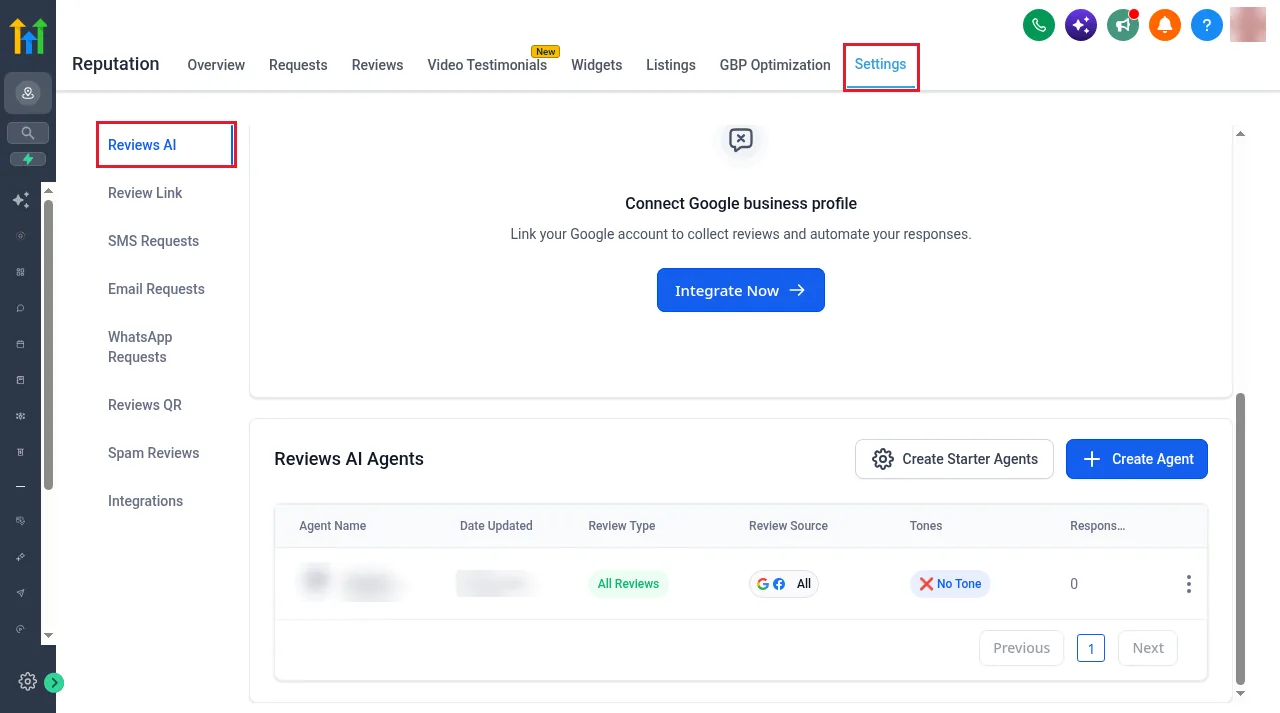 GoHighLevel Reputation settings on the Reviews AI tab with a Connect Google business profile prompt and a Reviews AI Agents list with Create Starter Agents and Create Agent buttons
