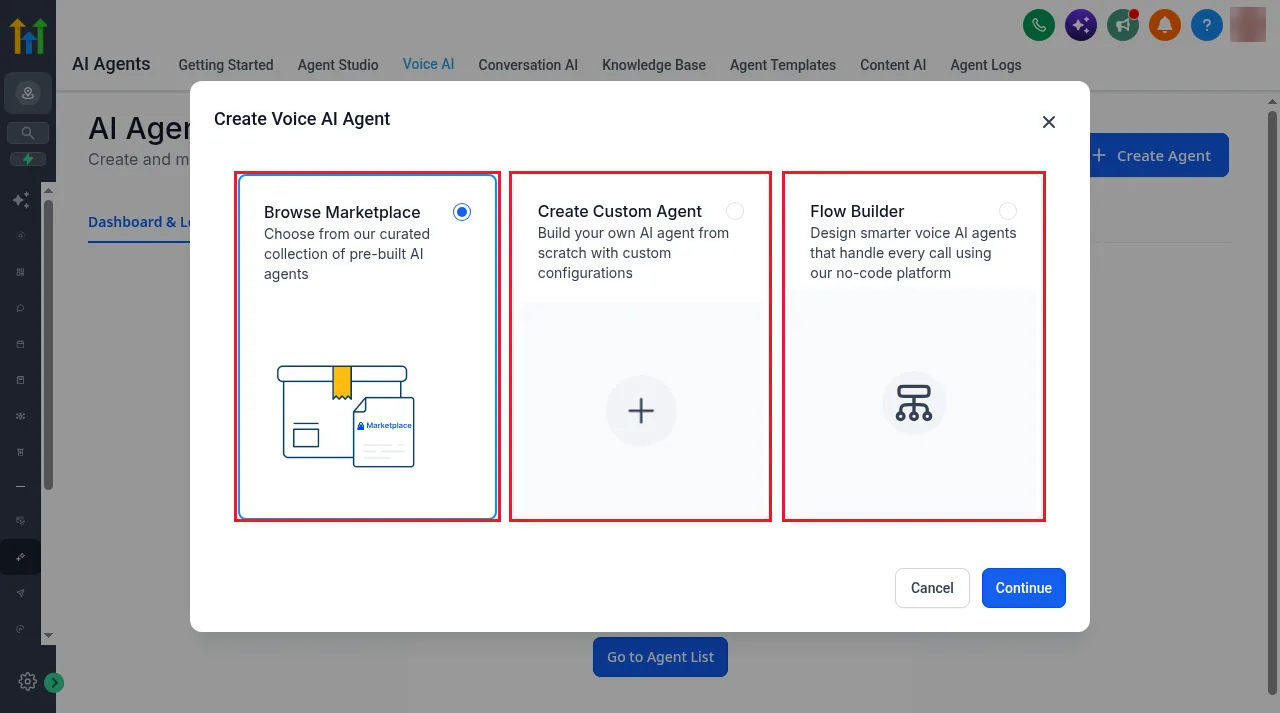 GoHighLevel Create Voice AI Agent dialog with Browse Marketplace, Create Custom Agent and Flow Builder options