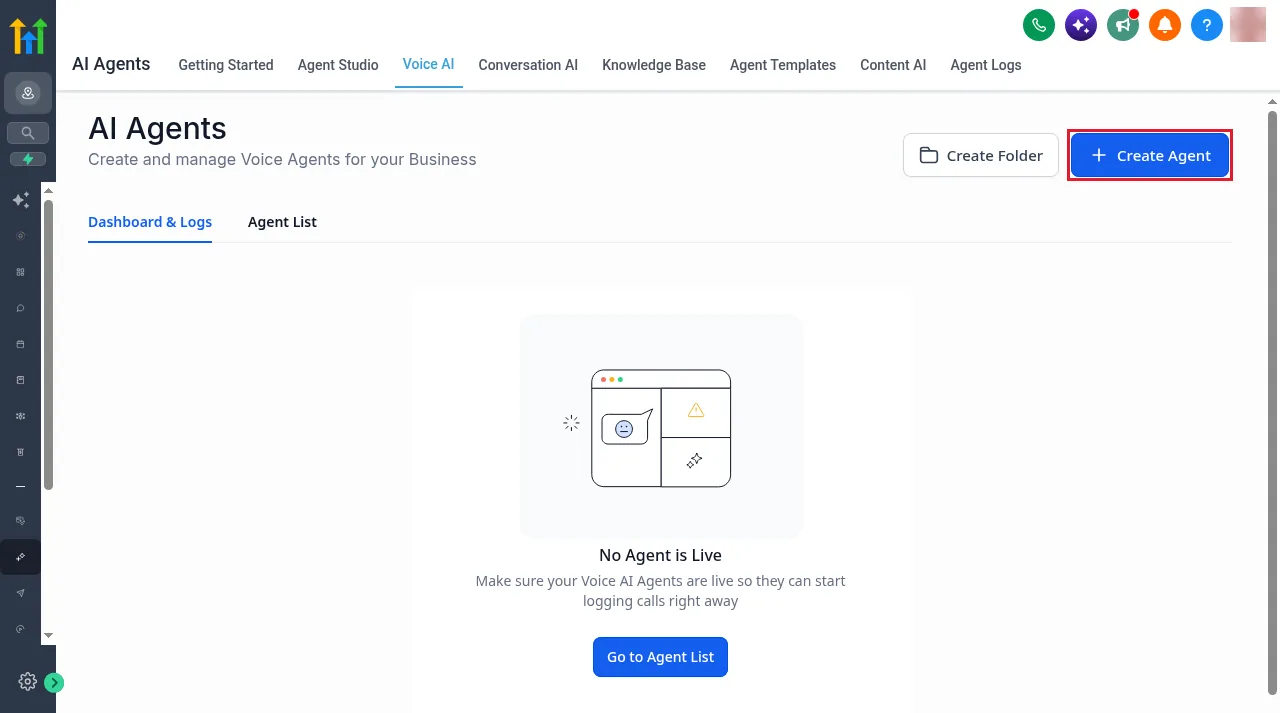 GoHighLevel Voice AI dashboard showing No Agent is Live with Create Folder and Create Agent buttons