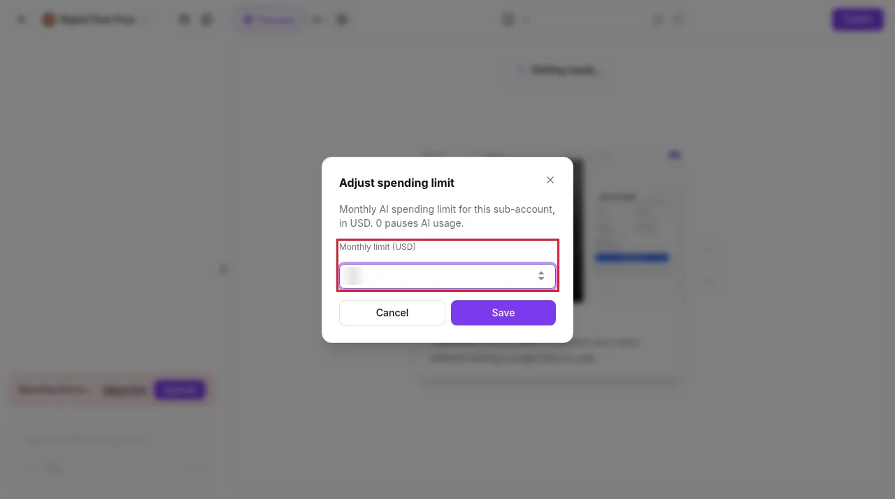 GoHighLevel Adjust spending limit dialog with the Monthly limit USD field highlighted and Cancel and Save buttons