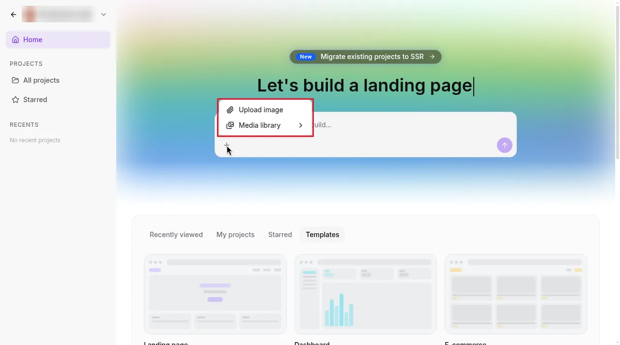 GoHighLevel AI Studio prompt box with the plus menu open showing Upload image and Media library