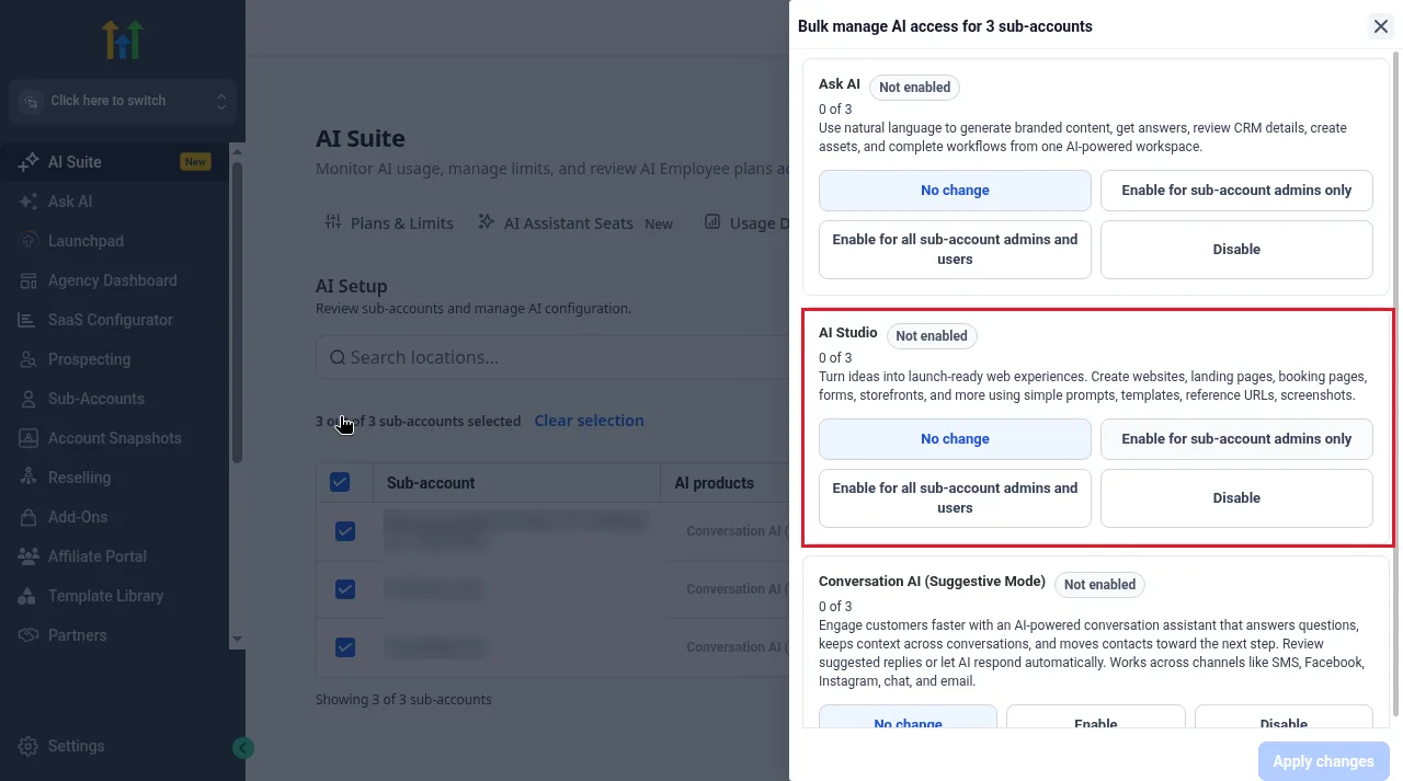 GoHighLevel AI Suite AI Setup with the Bulk manage AI access drawer open and the AI Studio options No change, Enable for sub-account admins only, Enable for all sub-account admins and users and Disable