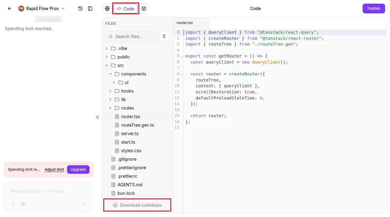 GoHighLevel AI Studio Code view with the Code tab and Download codebase button highlighted, a file tree with src, routes, router.tsx and server.ts, and router.tsx open in the editor