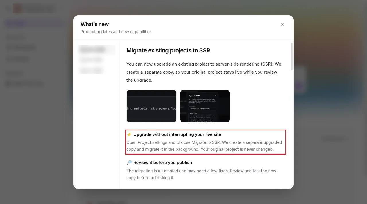 GoHighLevel AI Studio What's new window explaining Migrate existing projects to SSR, with the Upgrade without interrupting your live site section highlighted