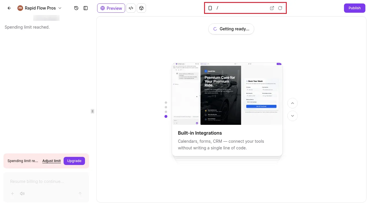 GoHighLevel AI Studio editor toolbar with the preview bar highlighted, showing the device switch, the page path, open in new tab and refresh buttons