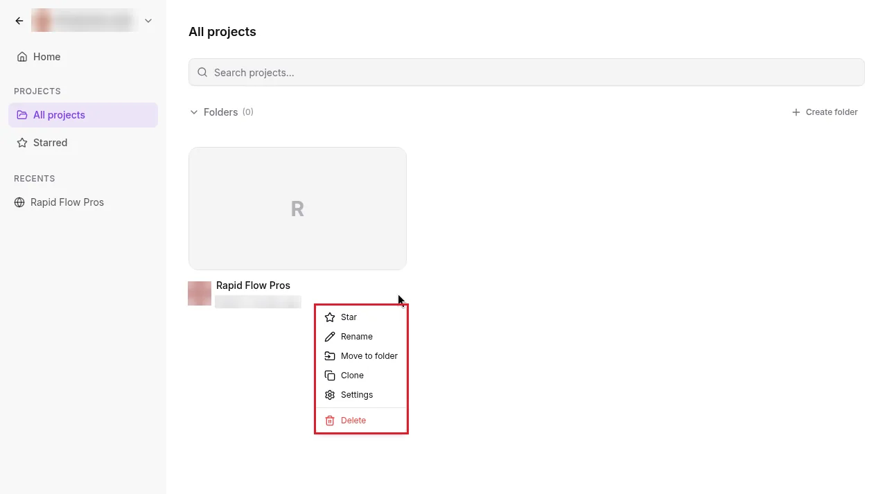 GoHighLevel AI Studio All projects page with a project card menu open showing Star, Rename, Move to folder, Clone, Settings and Delete