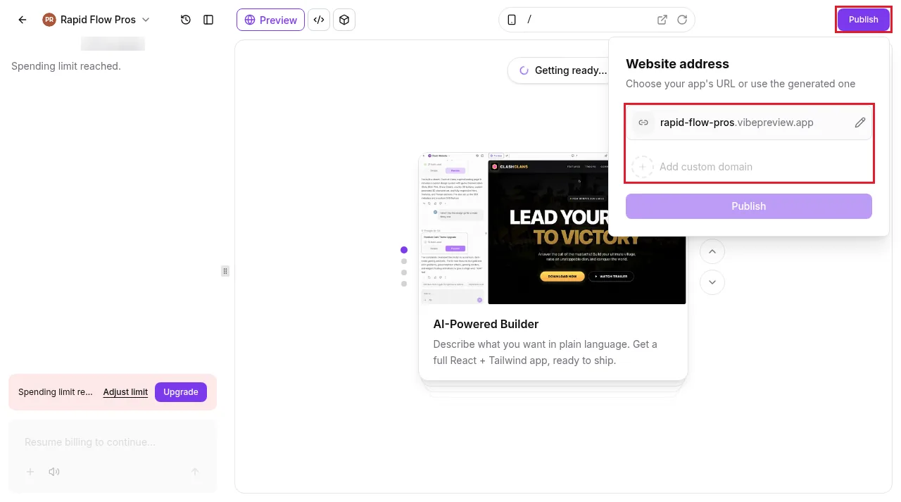 GoHighLevel AI Studio Publish panel with Website address, a generated vibepreview.app address with an edit pencil, an Add custom domain option and a Publish button