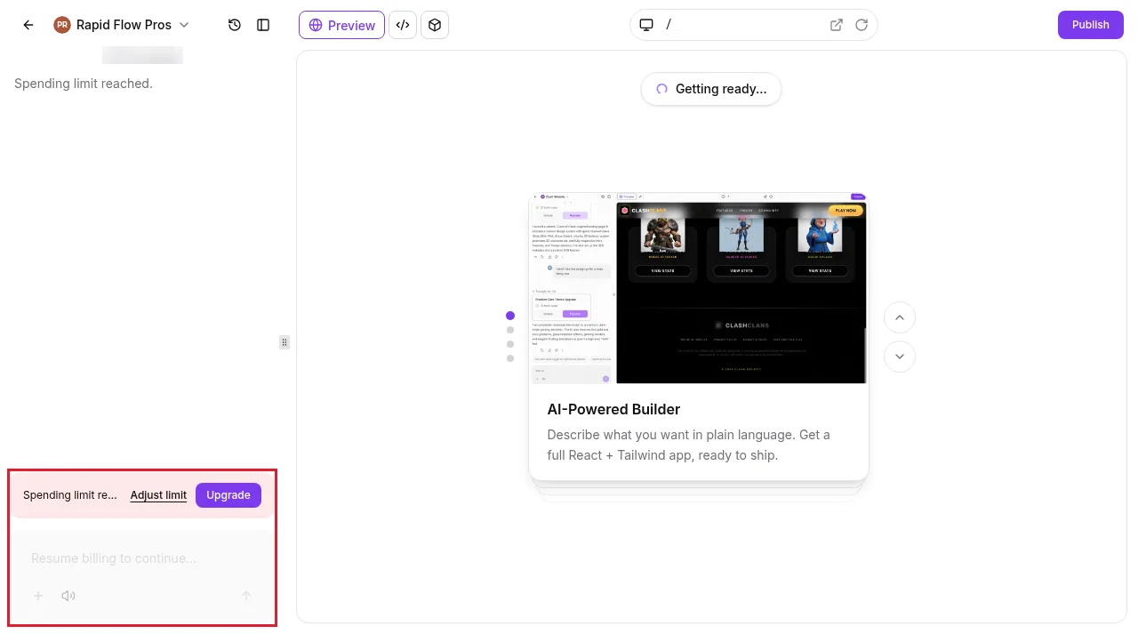 GoHighLevel AI Studio editor with a Spending limit reached banner offering Adjust limit and Upgrade and a locked Resume billing to continue chat box