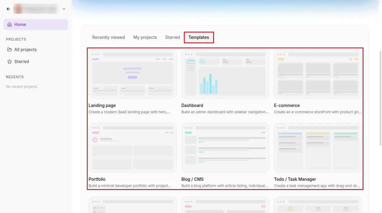 GoHighLevel AI Studio Templates tab with template cards for Landing page, Dashboard, E-commerce, Portfolio, Blog CMS and Todo Task Manager