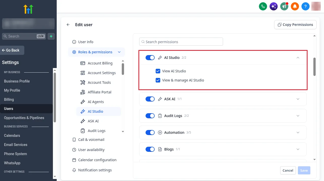 GoHighLevel Edit user screen on Roles and permissions with the AI Studio group expanded and View AI Studio and View and manage AI Studio ticked