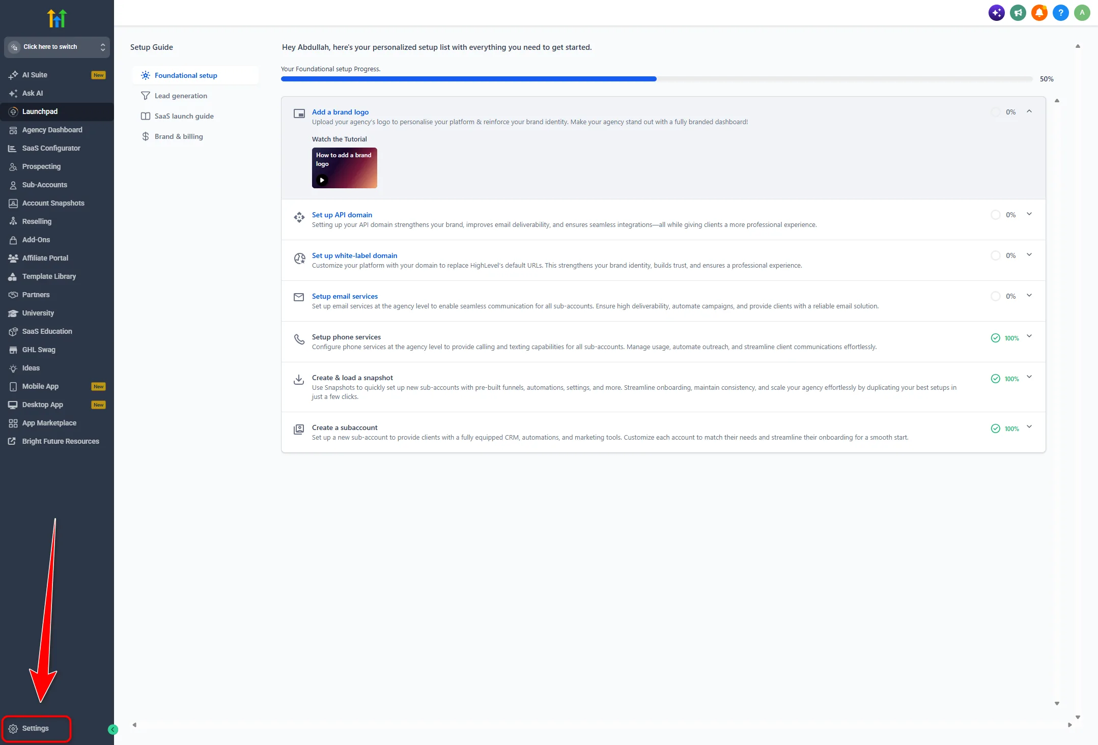 Agency Launchpad with Settings highlighted at the bottom of the left sidebar, the path into Billing