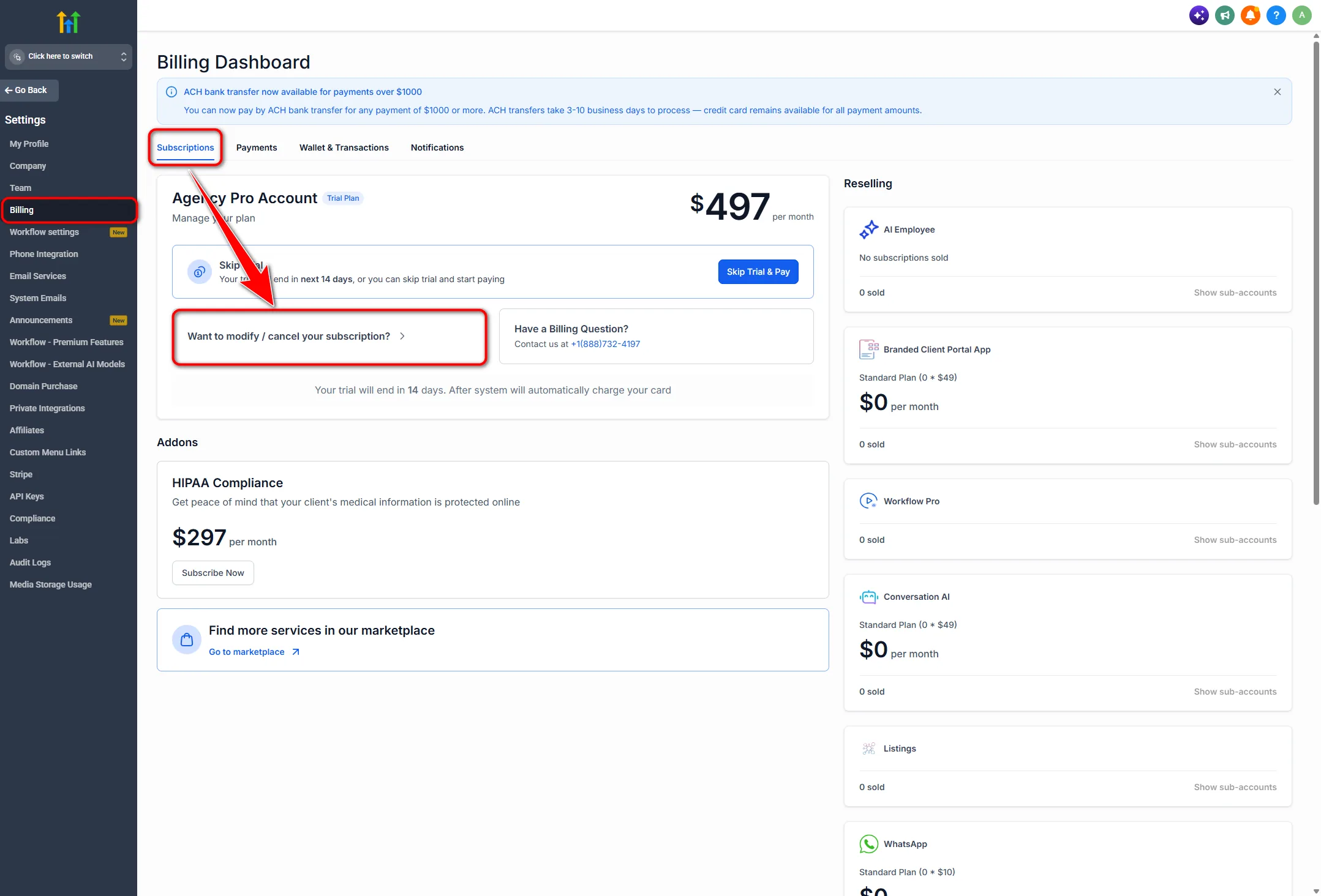 Billing Dashboard Subscriptions tab showing the active plan and Want to modify or cancel your subscription link