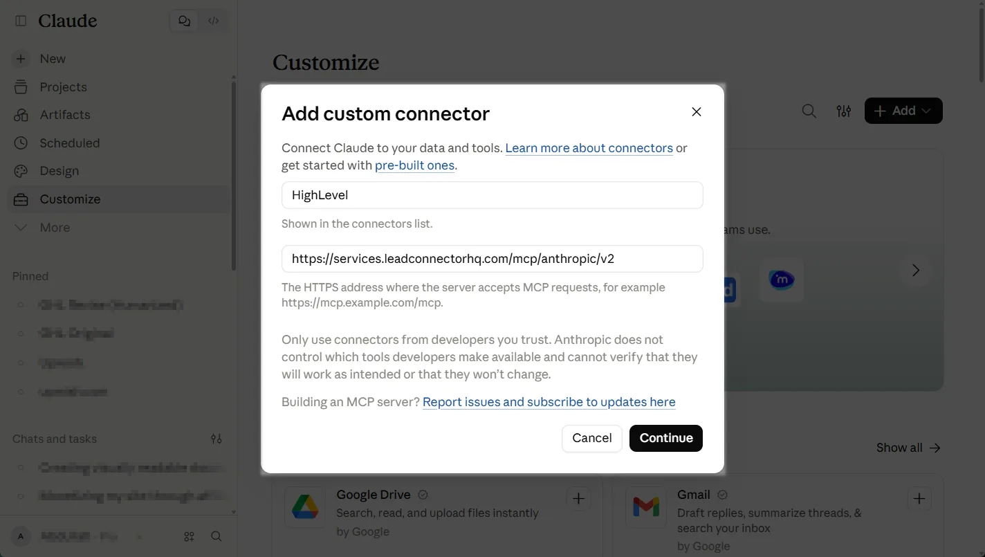 Add custom connector dialog in Claude with the name HighLevel and the URL https://services.leadconnectorhq.com/mcp/anthropic/v2 entered, and a Continue button
