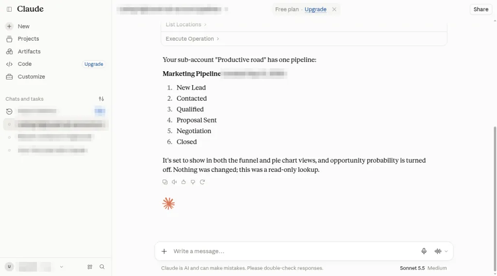 Claude answer listing the Marketing Pipeline in a HighLevel sub-account with stages New Lead, Contacted, Qualified, Proposal Sent, Negotiation and Closed