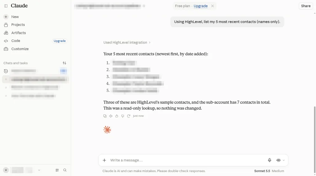 Claude answer listing the five most recent HighLevel contacts with the names pixelated, noting seven contacts in total