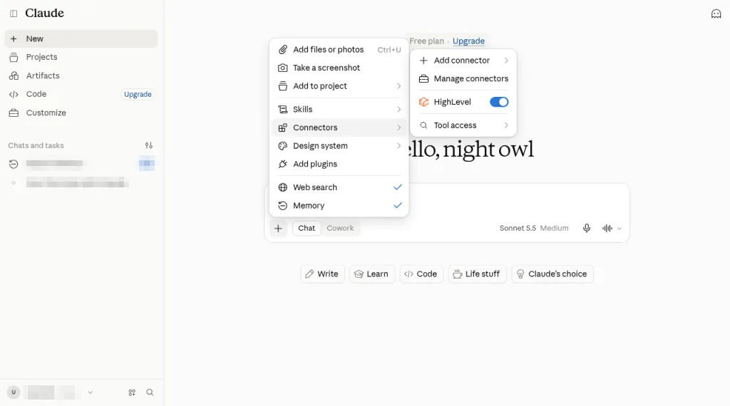 Claude chat plus menu open with the Connectors submenu showing Add connector, Manage connectors and the HighLevel toggle switched on