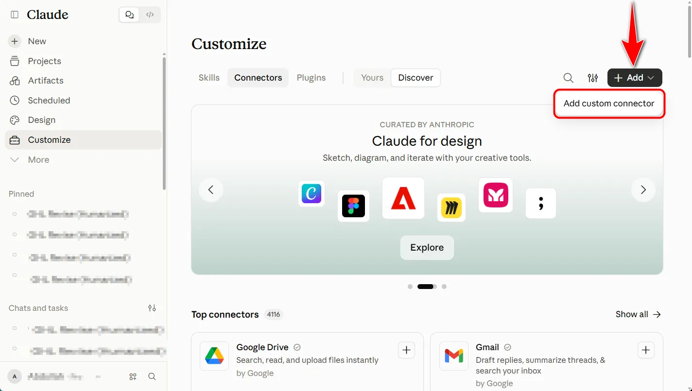 Claude Customize page on the Connectors tab with the Add button clicked and the Add custom connector option highlighted