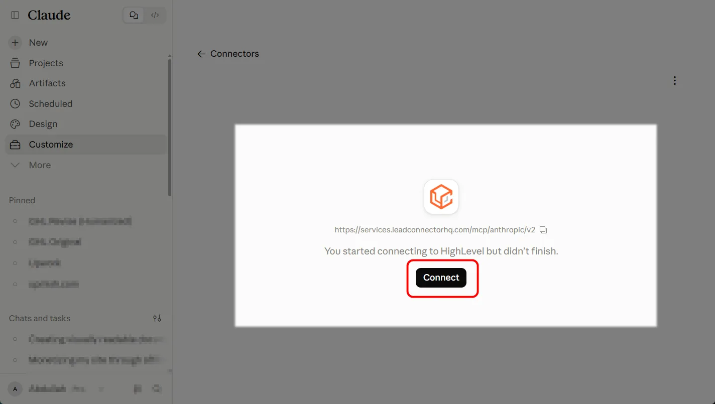 HighLevel connector page in Claude showing the LeadConnector MCP URL and a highlighted Connect button
