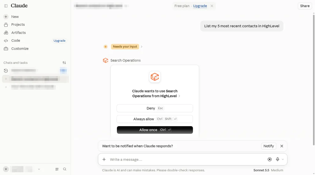 Claude permission card asking to use Search Operations from HighLevel with Deny and Always allow buttons