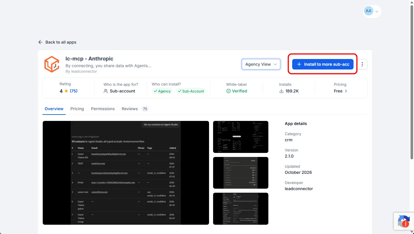 lc-mcp - Anthropic app page after signing in, in Agency View, with the Install to more sub-accounts button highlighted