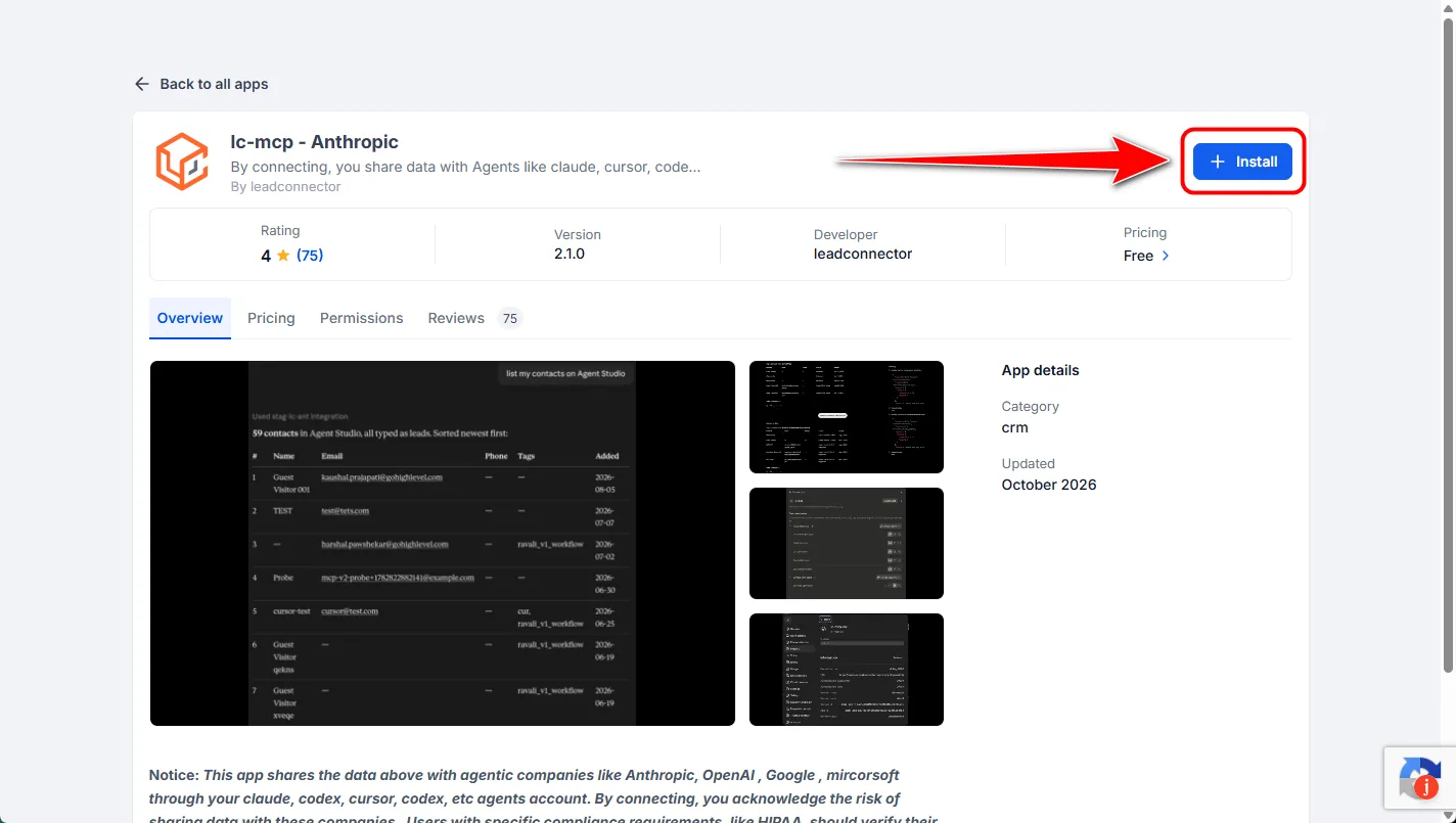 LeadConnector Marketplace page for the lc-mcp - Anthropic app by leadconnector with the Install button highlighted