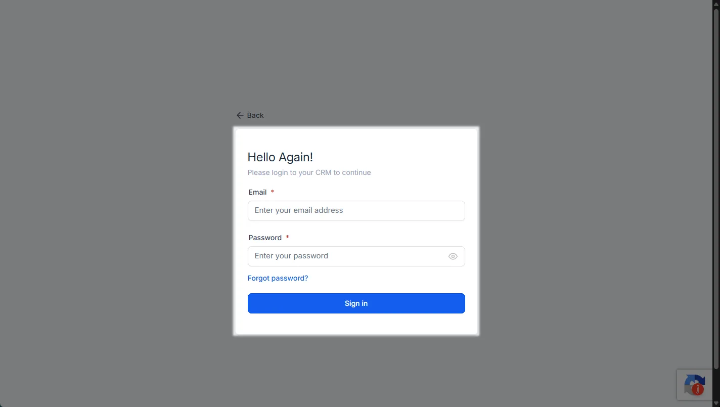 HighLevel CRM sign-in form with email and password fields and a Sign in button