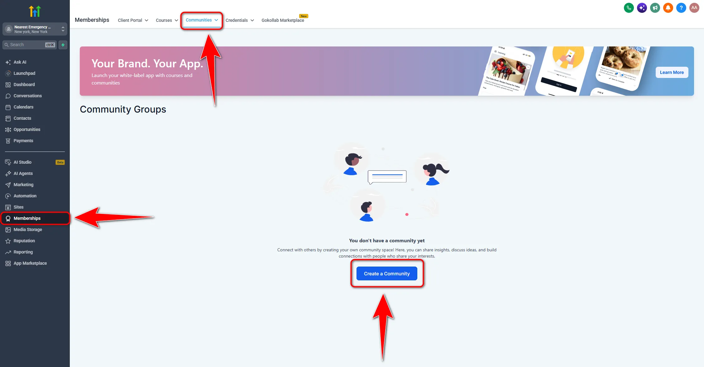 GoHighLevel Memberships menu with Communities selected and the Create a Community button visible