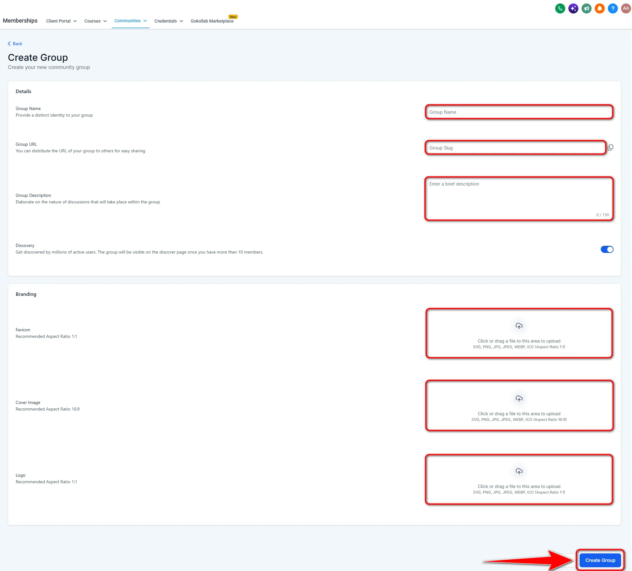 GoHighLevel Create Group form with fields for the community name, URL, description and discovery settings