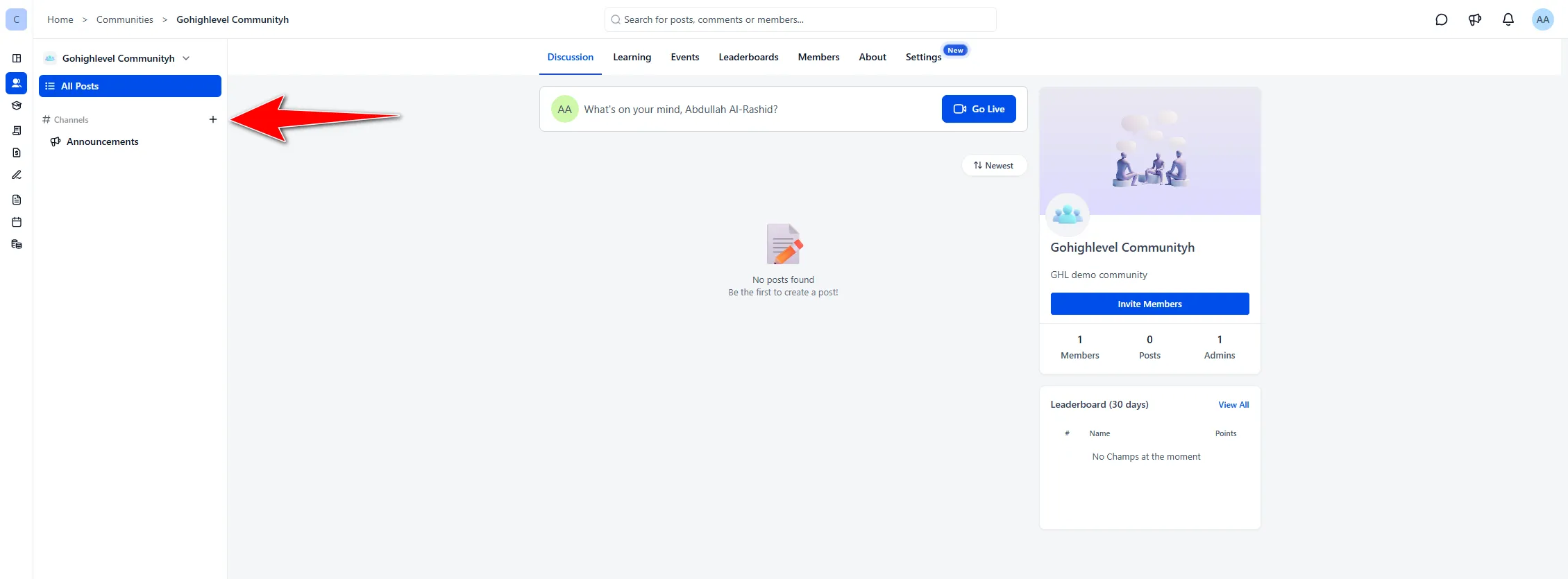 GoHighLevel community Discussion page showing the Channels area and add button