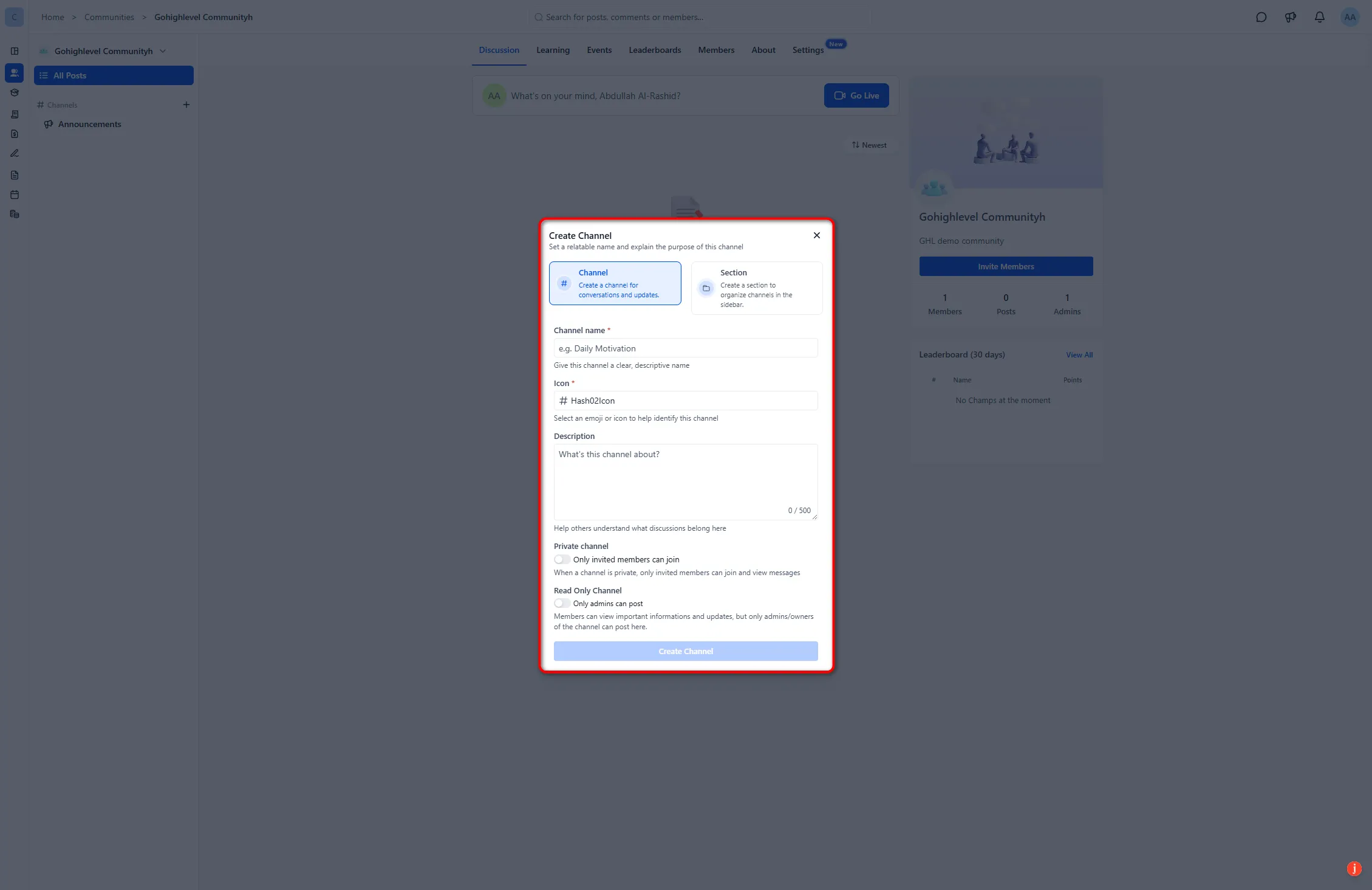 GoHighLevel Create Channel modal with channel name, icon and channel options
