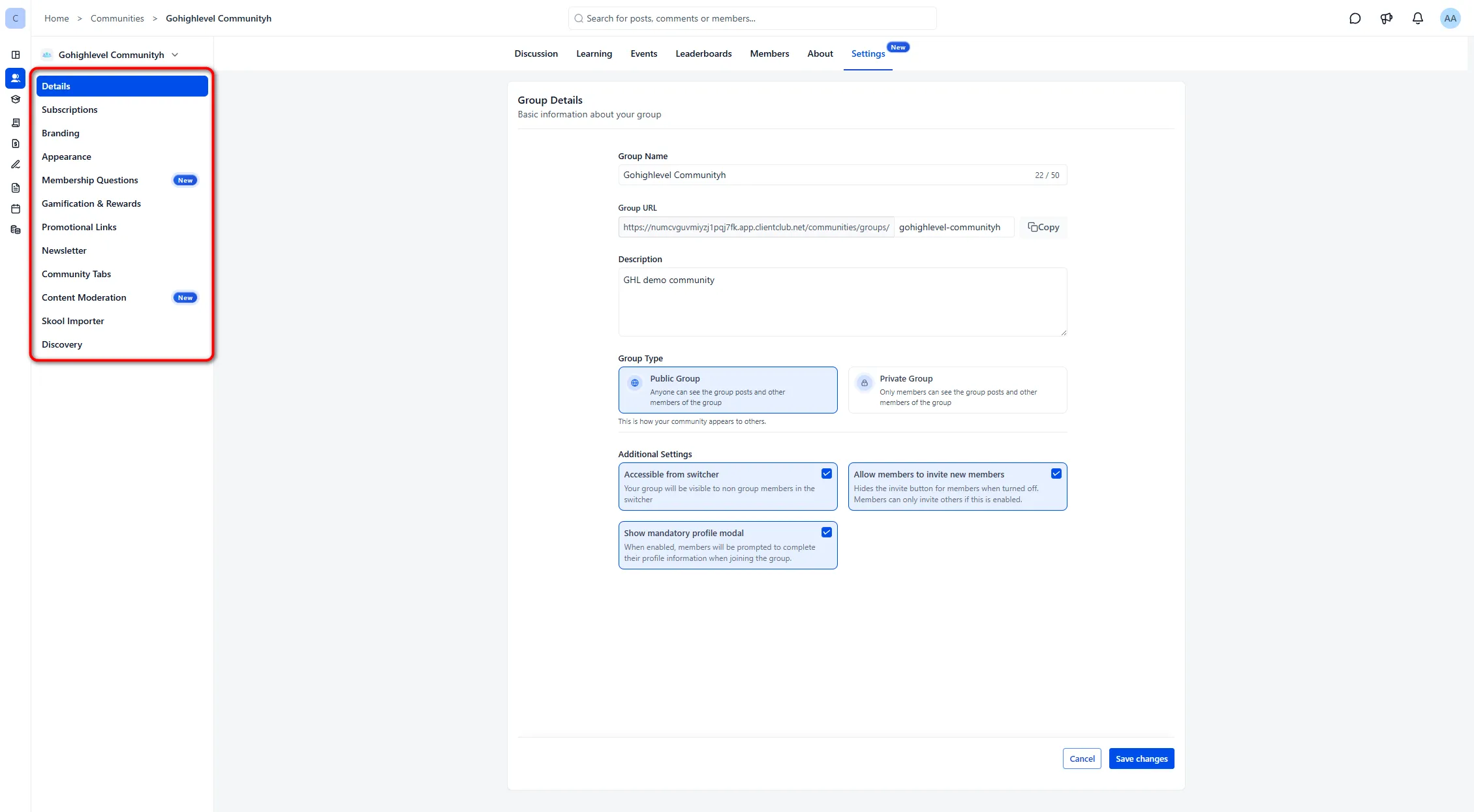 GoHighLevel Community Settings Details page showing group name, URL, description and visibility options