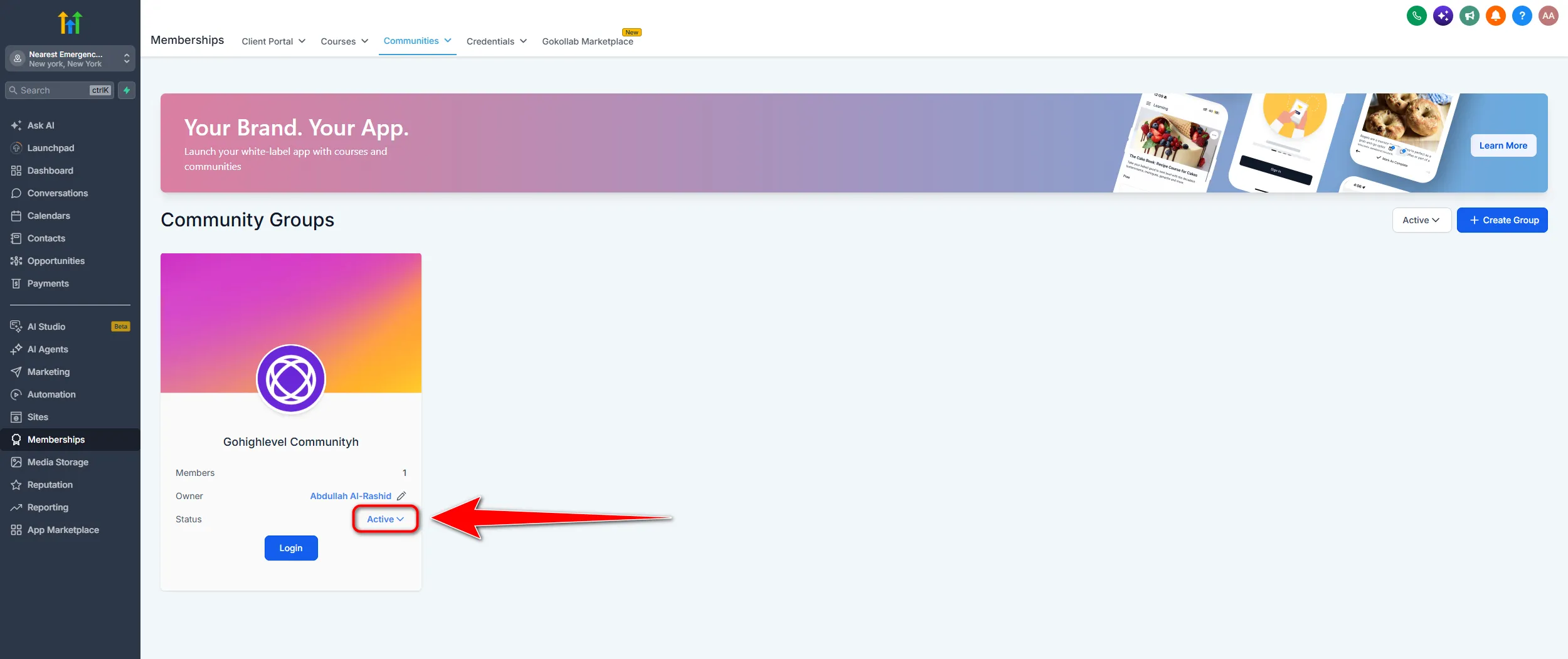 GoHighLevel Groups list showing a community with its status set to Active