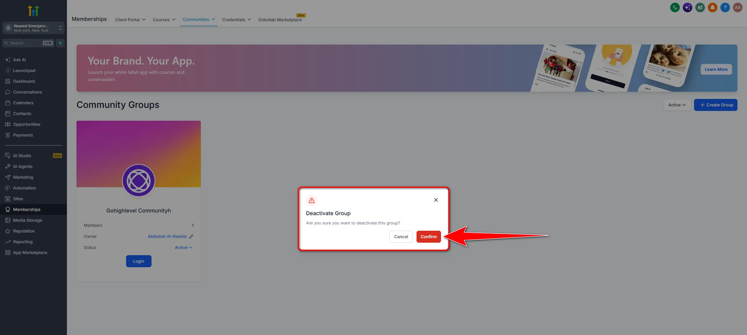 GoHighLevel Deactivate Group confirmation dialog asking whether to deactivate the community