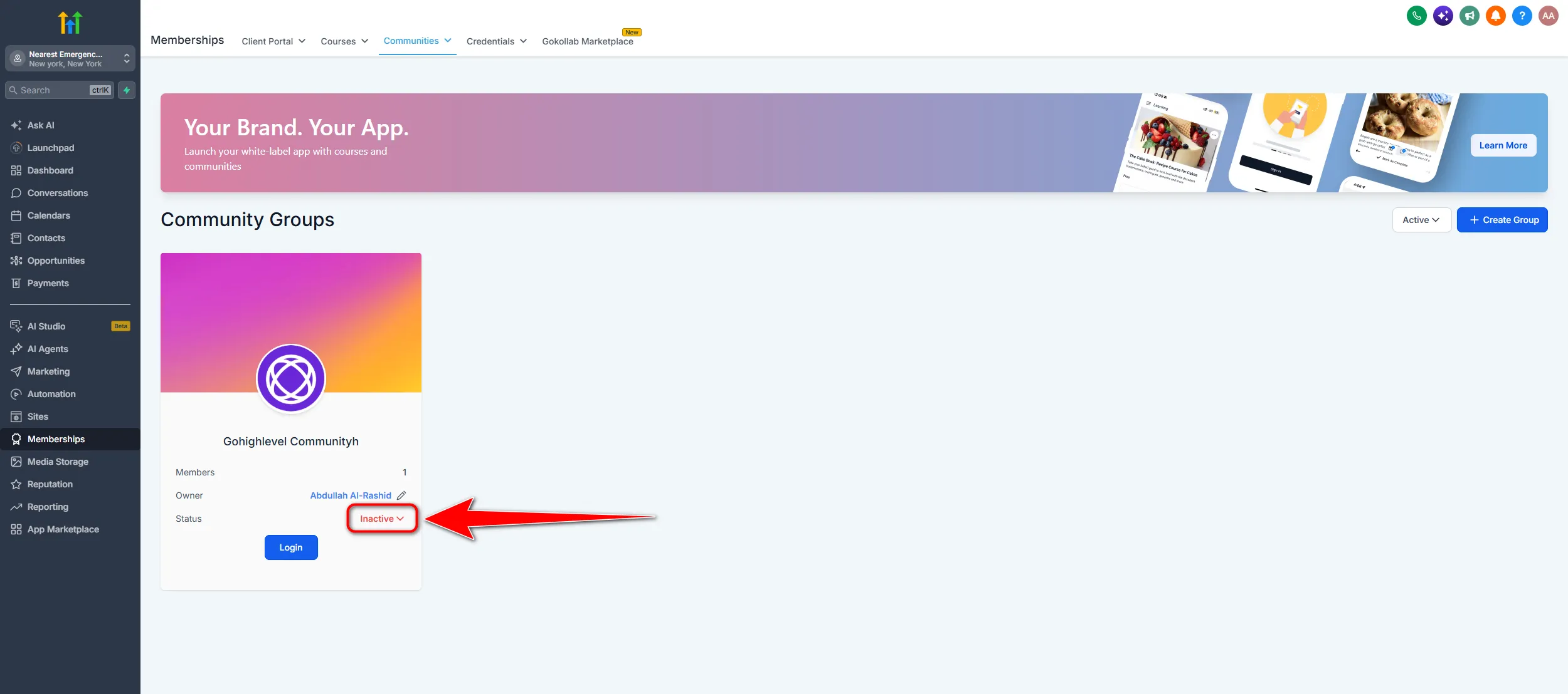 GoHighLevel Groups list showing the community status as Inactive after deactivation
