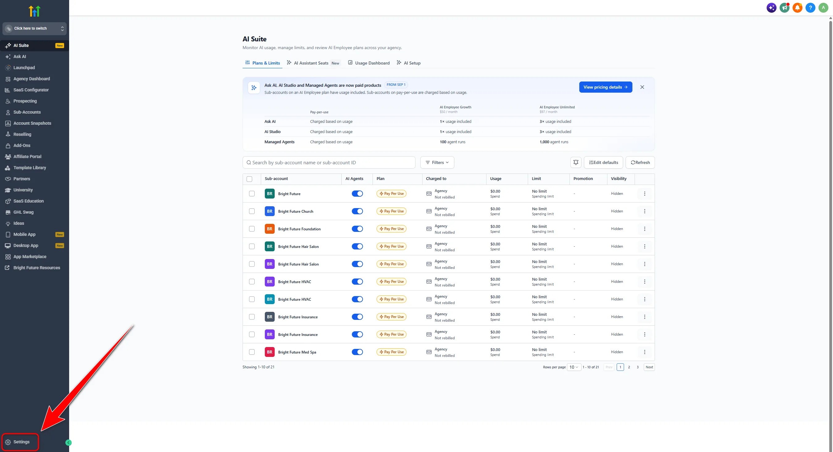 Agency AI Suite with Settings gear highlighted at the bottom of the left sidebar