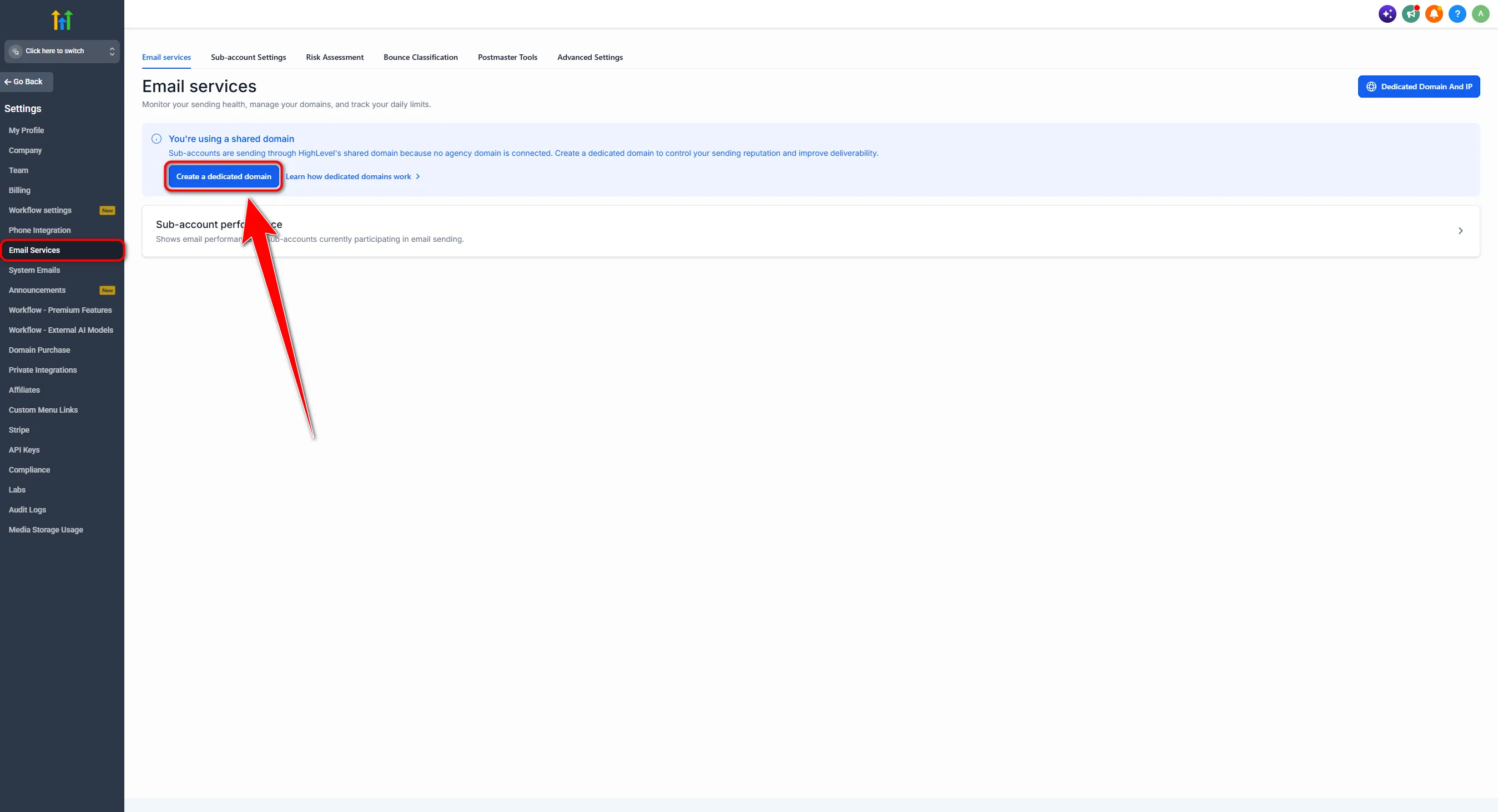 Email Services page with shared domain warning and Create a dedicated domain button highlighted
