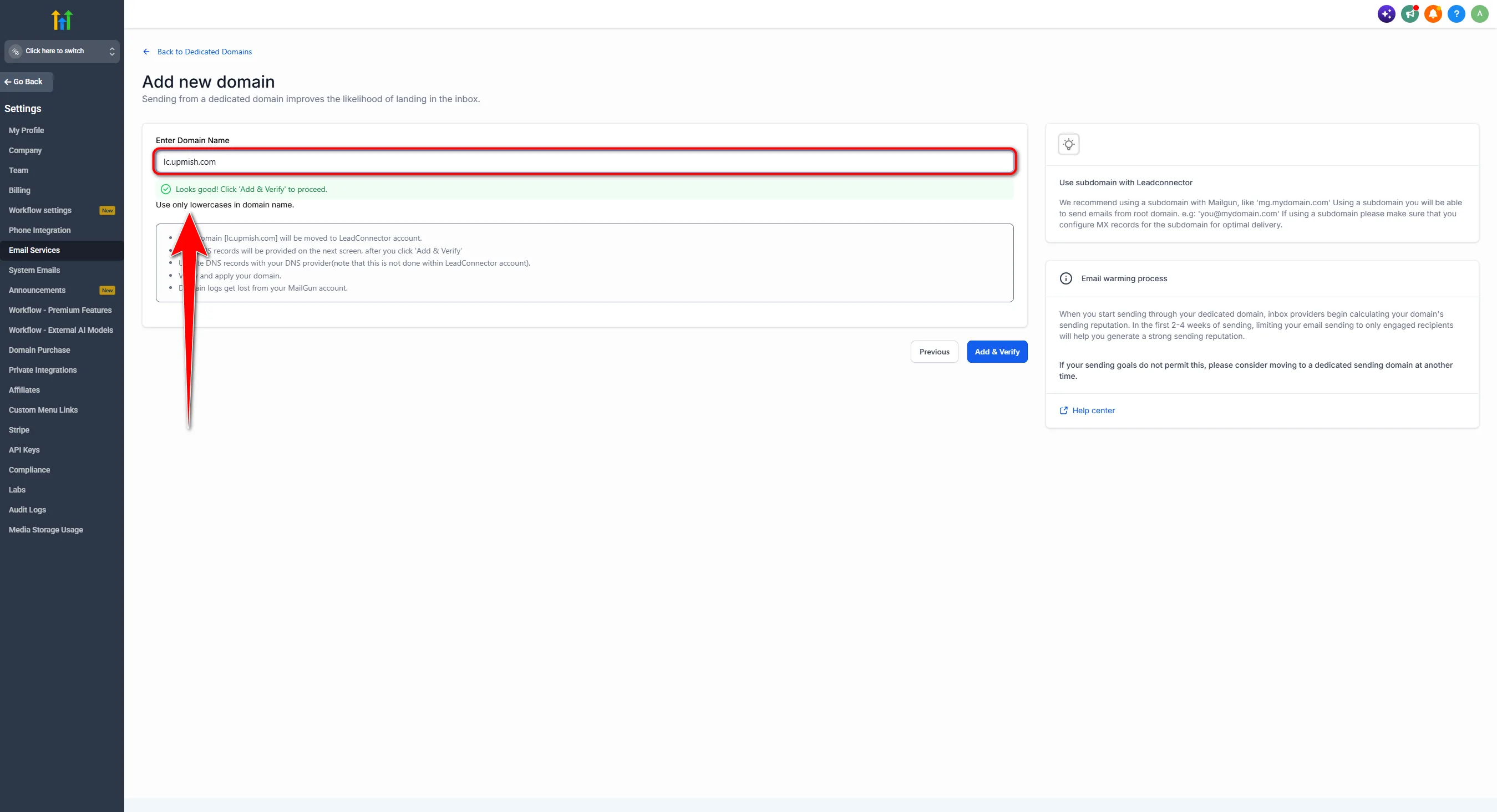 Add new domain screen with lc.upmish.com entered and Use only lowercases note highlighted