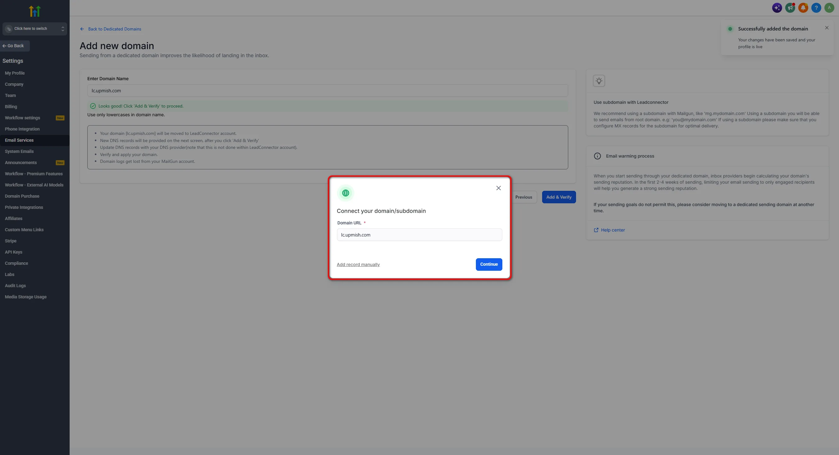 Connect your domain/subdomain modal for lc.upmish.com with Continue highlighted